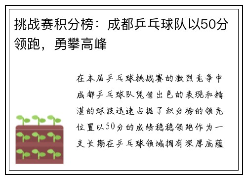 挑战赛积分榜：成都乒乓球队以50分领跑，勇攀高峰