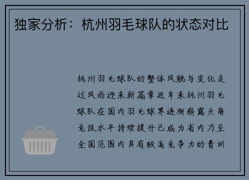 独家分析：杭州羽毛球队的状态对比