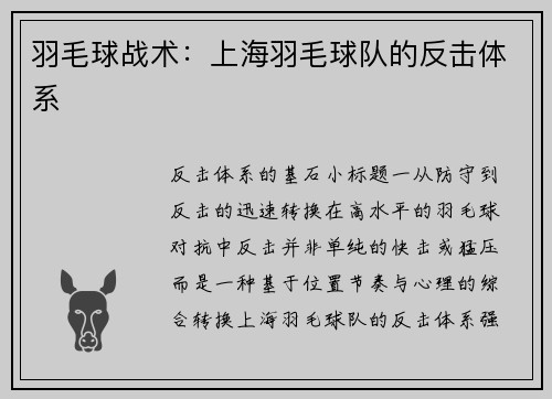 羽毛球战术：上海羽毛球队的反击体系