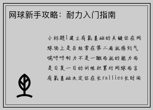 网球新手攻略：耐力入门指南