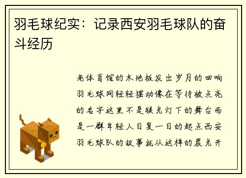 羽毛球纪实：记录西安羽毛球队的奋斗经历
